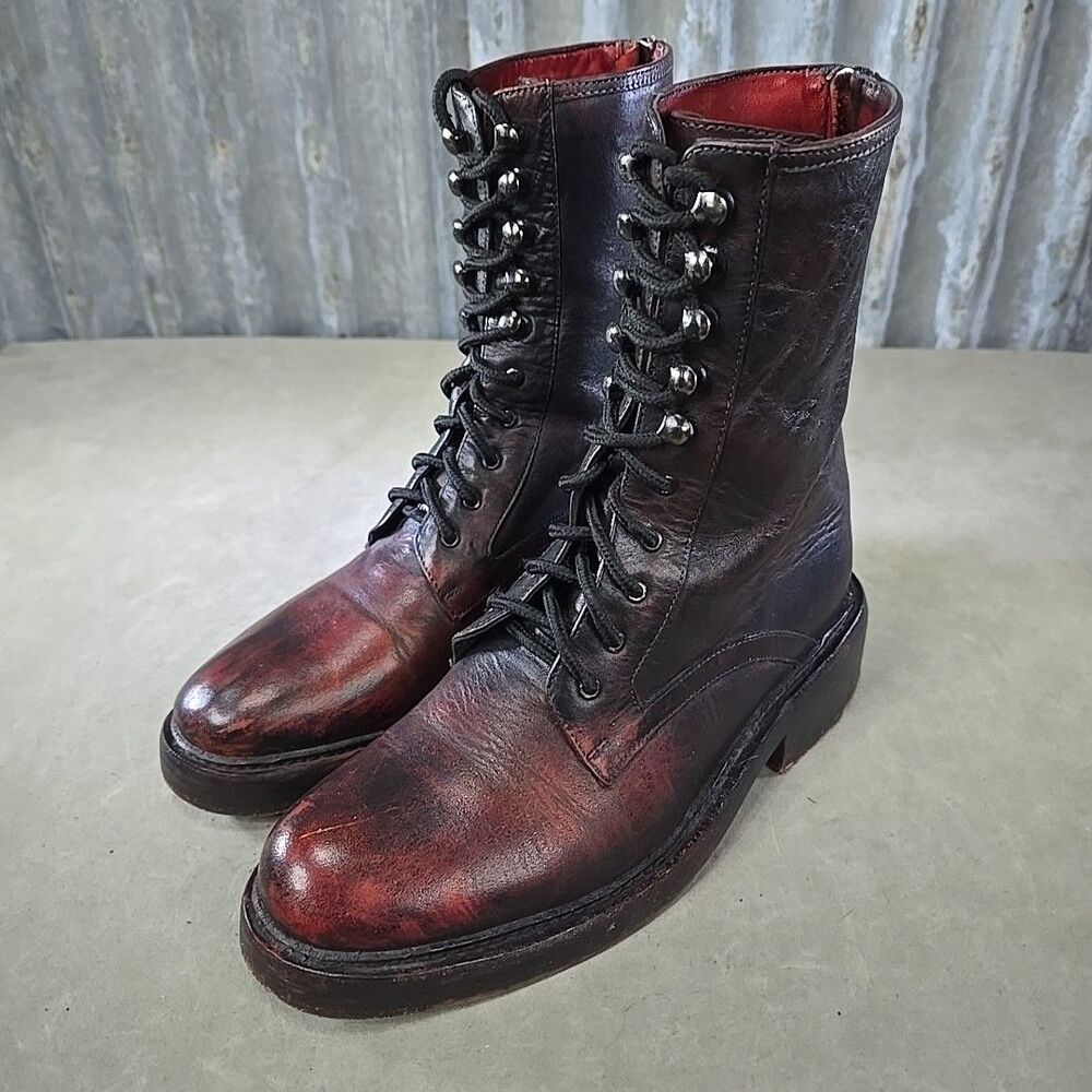 Free People Chunky Tall Lace UP Back Zip Combat Boots Women's EU Sz 39 Maroon